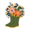 Bouquet of beautiful spring flowers and leaves in green rubber boots isolated on white background. Royalty Free Stock Photo