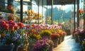 flowers in a greenhouse. woman collects a bouquet in a glassed flower shop