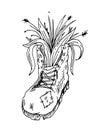 Flowers grew in soldier boot. Forgotten War. Antiwar picture. Outline hand drawn sketch. Drawing with ink. Isolated on