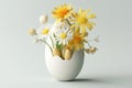 Flowers growing in Easter egg on white background. Creative idea. Minimal concept3. 3d rendering Generative AI. Royalty Free Stock Photo