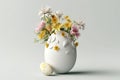 Flowers growing in Easter egg on white background. Creative idea. Minimal concept3. 3d rendering Generative AI. Royalty Free Stock Photo
