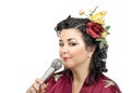 Flowers haired kimono woman singing karaoke