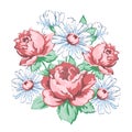 Flowers hand drawn, floral embroidery design, fabric print, vector floral ornament. Hand drawing flower composition from