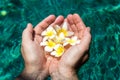 Flowers in hands in the pool Royalty Free Stock Photo