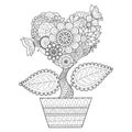 Flowers in heart shape on a pot line art design for coloring book for adult, tattoo, T- Shirt graphic, cards and so on