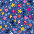 Flowers, hearts, birds love nature seamless pattern Royalty Free Stock Photo