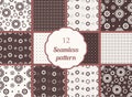 Flowers, hearts, circles. Set of seamless patterns in chocolate tones.