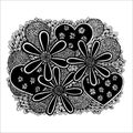 Flowers, hearts, curls and leaves drawn by hand in black and white color