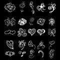 Flowers and hearts hand drawn doodle collection isolated on black background. 25 floral graphic elements. Big vector set. Outline Royalty Free Stock Photo