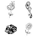 Flowers and hearts hand drawn doodle collection isolated on white background. 4 floral graphic elements. Big vector set. Outline Royalty Free Stock Photo
