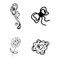 Flowers and hearts hand drawn doodle collection isolated on white background. 4 floral graphic elements. Big vector set. Outline Royalty Free Stock Photo