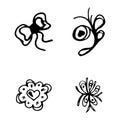 Flowers and hearts hand drawn doodle collection isolated on white background. 4 floral graphic elements. Big vector set. Outline Royalty Free Stock Photo