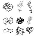 Flowers and hearts hand drawn doodle collection isolated on white background. 6 floral graphic elements. Big vector set. Outline Royalty Free Stock Photo