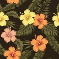 Flowers hibiscus tropical green banana leaves seamless pattern b