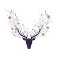 Flowers in the horns of a deer. Silhouette of the head of a forest animal