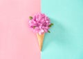 Flowers ice cream waffle cone Styled flat lay Royalty Free Stock Photo