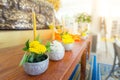 Flowers, incense and candles set for Buddhist worship Buddha. Royalty Free Stock Photo