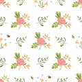 Blooming floral summer seamless pattern Insects Bee pink flowers Bright colors Summer background Vector Royalty Free Stock Photo