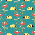 Flowers and ladybirds bright vector seamless repeat pattern on teal Royalty Free Stock Photo