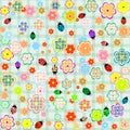 Flowers and ladybugs seamless pattern background