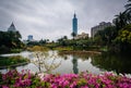 Flowers, lake, and Taipei 101 at Zhongshan Park, in the Xinyi Di