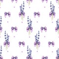 Flowers, lavender twigs with bows on a white background. Watercolor illustration. Seamless pattern from the LAVENDER SPA