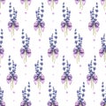 Flowers, lavender twigs with bows on a white background. Watercolor illustration. Seamless pattern from the LAVENDER SPA