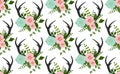 Flowers, leaves, antlers seamless pattern vector