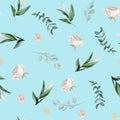 Flowers & leaves arrangement on blue background. Watercolor hand painted seamless pattern. Floral illustration Royalty Free Stock Photo