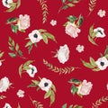 Flowers & leaves arrangement on red background. Watercolor hand painted seamless pattern. Floral illustration Royalty Free Stock Photo