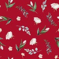 Flowers & leaves arrangement on red background. Watercolor hand painted seamless pattern. Floral illustration Royalty Free Stock Photo
