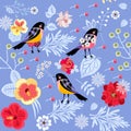 Flowers, leaves, berries, snowflakes and birds on light blue background. Beautiful seamless pattern in vector. Christmas print Royalty Free Stock Photo