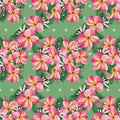 Flowers, leaves and buds of plumeria.Watercolor background. Abstract wallpaper with floral motifs. Seamless pattern. Wallpaper.