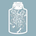 Flowers and leaves with butterflies and dragonflies in a glass jar. Laser cut. Vector illustration. Pattern for the laser cut, Royalty Free Stock Photo