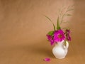 Flowers and leaves of dog rose and some meadow grass in little white ceramic jug and lone doge rose petal on the background of