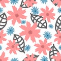 Flowers and leaves drawn by hand. Trendy floral seamless pattern.