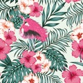 Flowers leaves flamingo seamless tropical pattern background Royalty Free Stock Photo