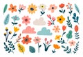 Flowers and leaves flat hand-drawn illustrations set. Floral minimalistic design elements collection Royalty Free Stock Photo