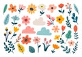 Flowers and leaves flat hand-drawn illustrations. Vector set. Floral minimalistic design elements Royalty Free Stock Photo