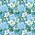 Flowers, leaves, wild grass. Repeating floral pattern in blue color. Watercolor