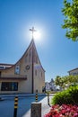 ApÃºlia, Esposende PORTUGAL - 7 August 2021 - Our Lady of Guia Chapel resembling the shape of a boat backlit with sun rays