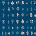 Flowers, leaves and plants pattern on blue color.Pencil, hand drawn botanical seamless pattern Royalty Free Stock Photo