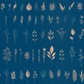 Flowers, leaves and plants pattern on blue color.Pencil, hand drawn botanical seamless pattern Royalty Free Stock Photo