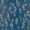 Flowers, leaves and plants pattern on blue color.Pencil, hand drawn botanical seamless pattern Royalty Free Stock Photo