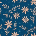 Flowers, leaves and plants pattern in peach fuzz color on blue.Pencil, hand drawn botanical seamless pattern Royalty Free Stock Photo