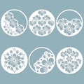 Flowers, leaves, texture carved in the circle. Vector illustration. Set of paper stickers. Laser cut. Vector illustration. Pattern Royalty Free Stock Photo