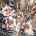 Flowers and leopard pattern.Silk scarf design, fashion textile. Royalty Free Stock Photo