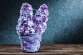 Flowers of lilac in little wicker basket on vintage wood and black background Royalty Free Stock Photo