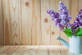 Flowers of lilac in white watering can on wood Royalty Free Stock Photo