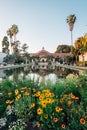 Flowers, the Lily Pond, and Botanical Building in Balboa Park, San Diego, California Royalty Free Stock Photo